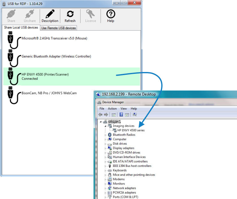 USB for RDP 在使用者電腦和分享的 USB 裝置在遠端